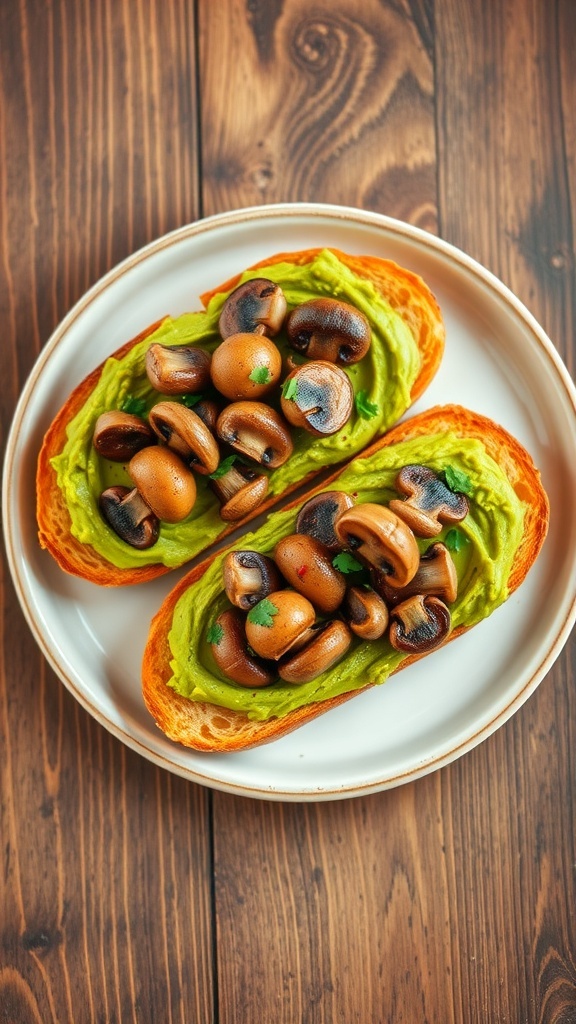 Two slices of avocado toast topped with sautéed mushrooms and garnished with herbs and red pepper flakes.
